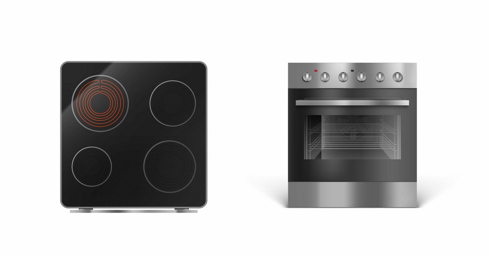 Induction cooking panel with oven, electric stove front and top view